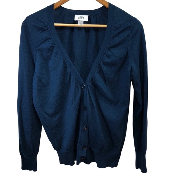 Loft Button Front Blue Cardigan Women's L Wool Blend Ruched Classic Feminine - Picture 8 of 12
